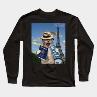 Cat Kitty Kitten Tourist In Paris France Eiffel Tower Funny Long Sleeve T-Shirt